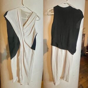 Helmut Lang Asymmetrical Silk Black and Cream Mini Dress - Size 0